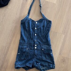 Denim Halter Romper with Button Front